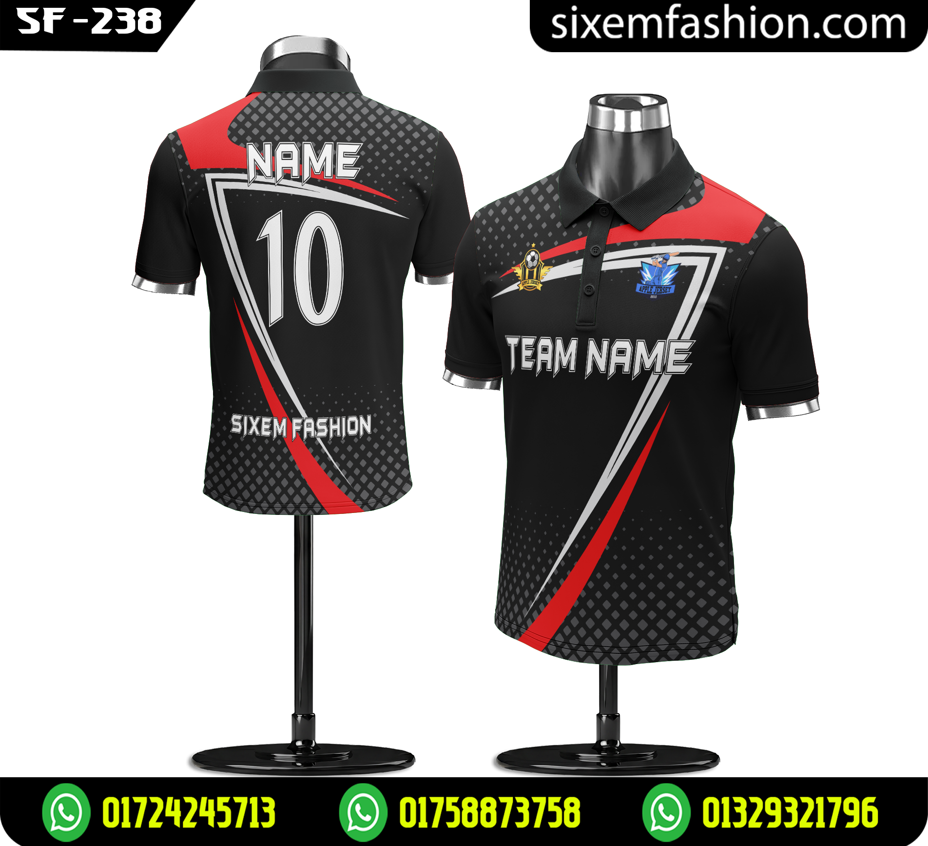2026 Premium Polo Team Jersey | Black Red Slash Design Sublimation Name Number Shirt