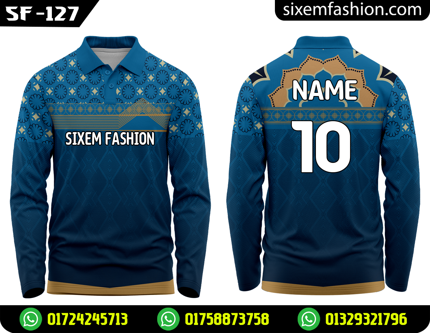 Alternative view of Blue Navy Polo Collar Cricket Jersey, Gold Floral Full Sleeve Sixem Fashion