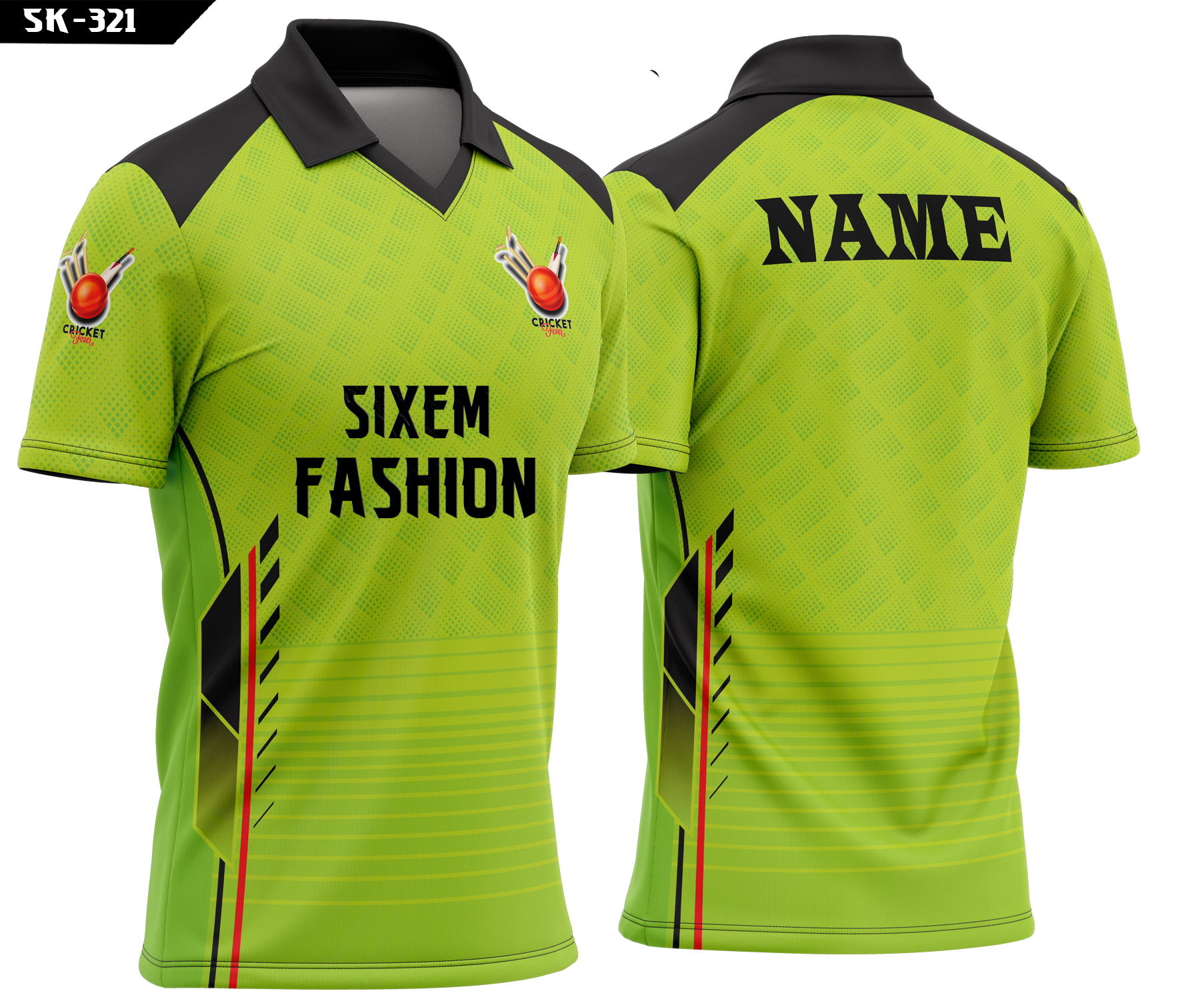 Alternative view of Neon Green Cricket Jersey 2026 - Black V Neck Polo Kit