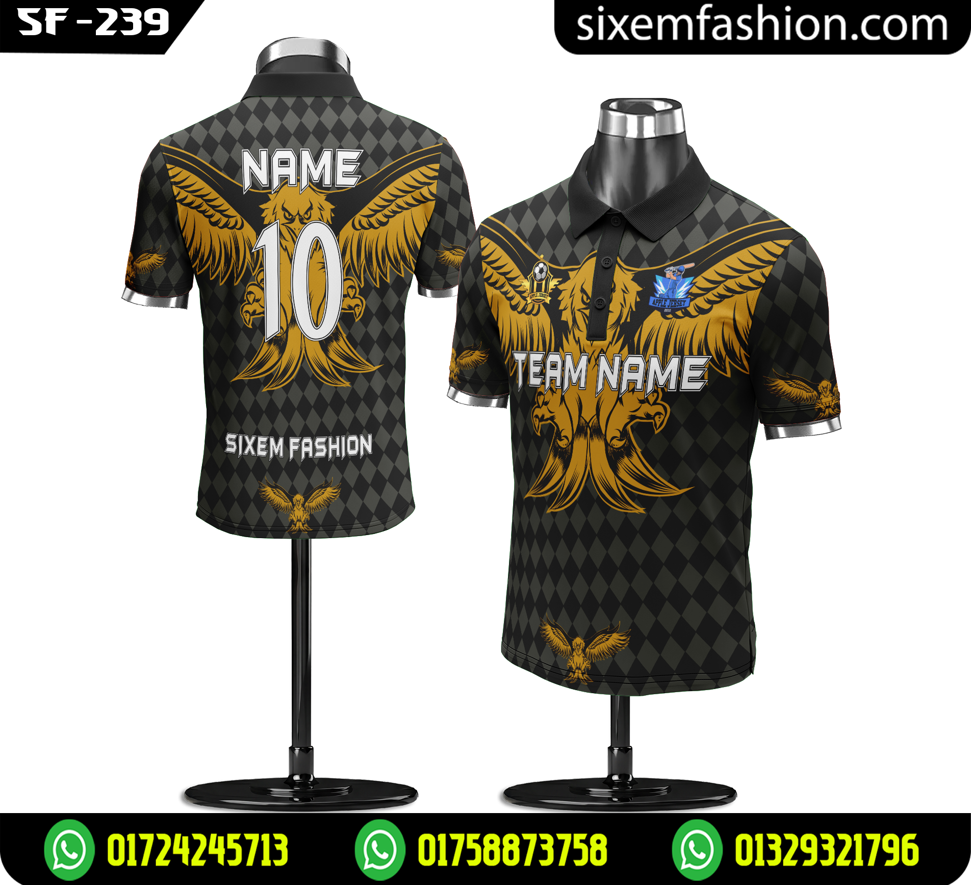 Black Gold Eagle Polo Jersey - Diamond Check Pattern Custom Cricket Football Shirt