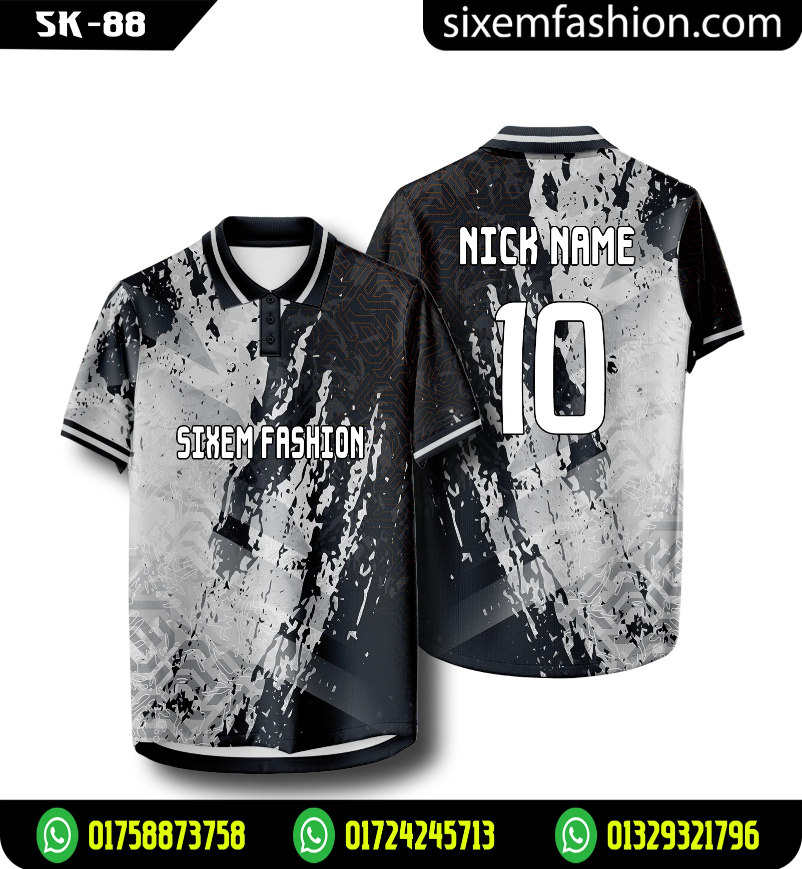 Black White Splash Polo Jersey Sublimation Custom Nick Name Number