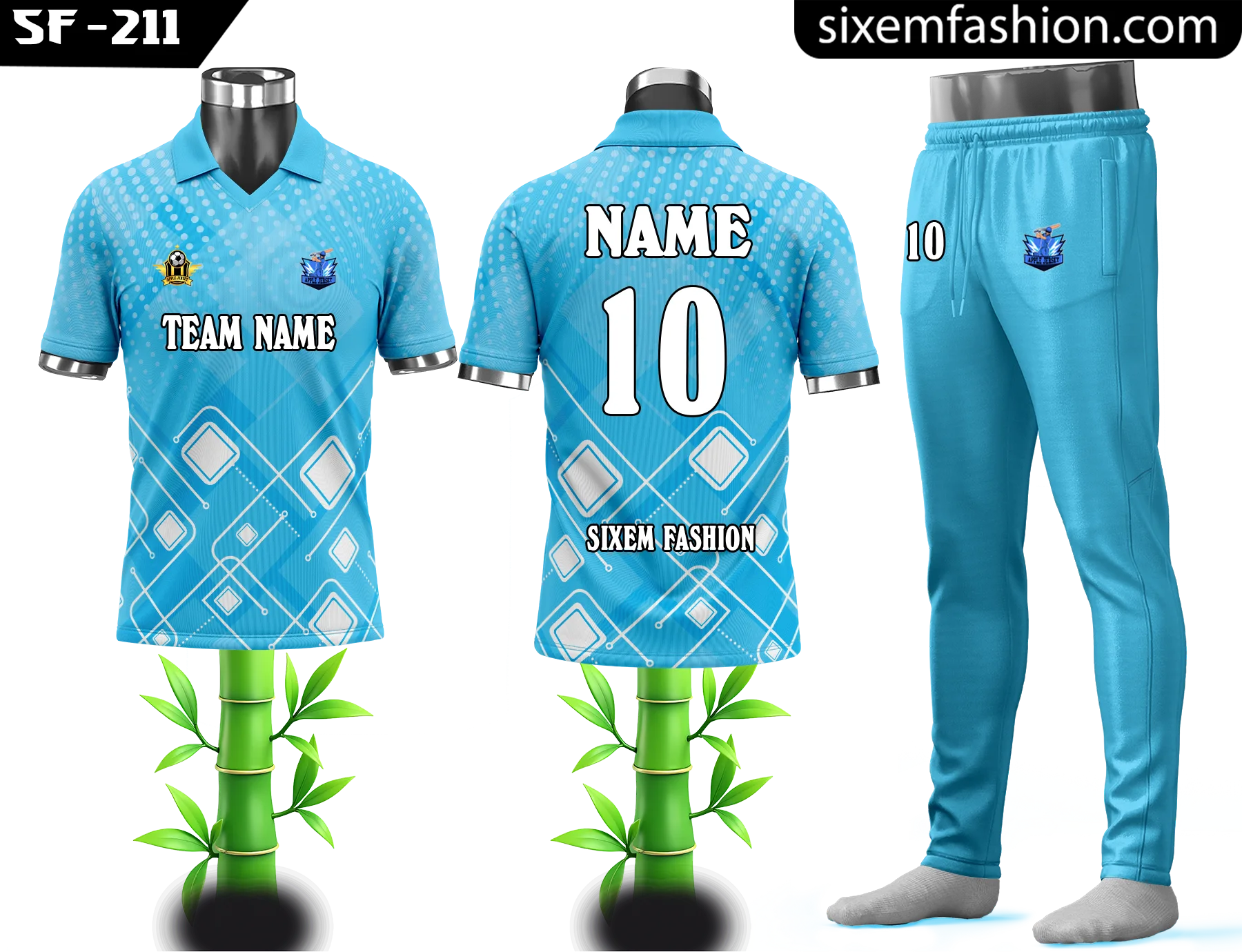 Custom Sky Blue Cricket Jersey - Geometric Pattern Half Sleeve Kit - Add Name Number