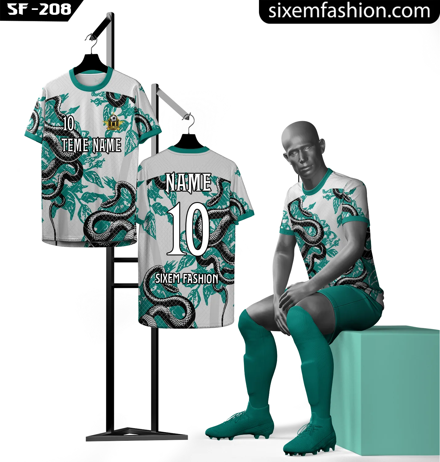Custom Snake Print Football Jersey - White Teal Sublimation Kit - Add Name Number