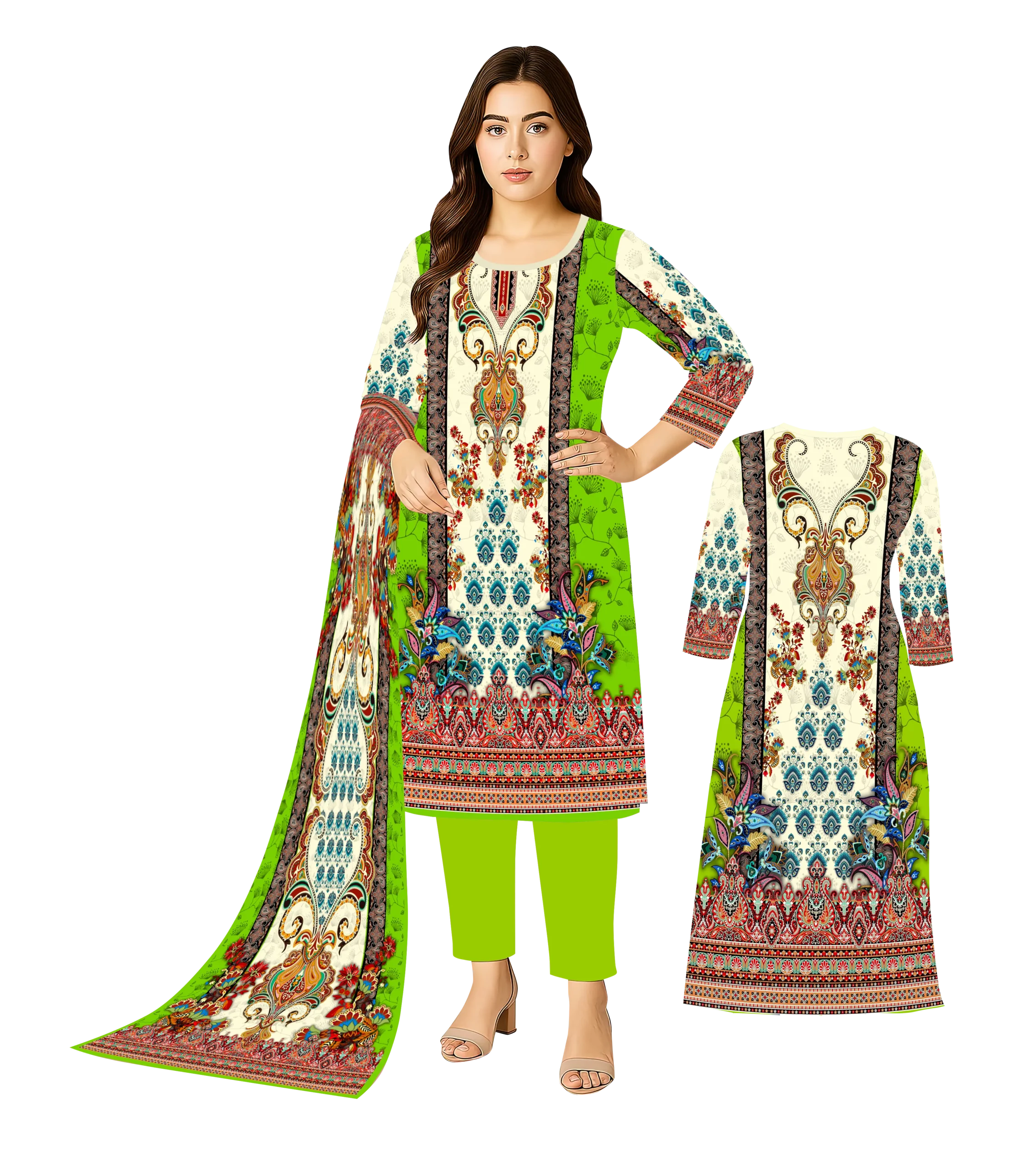 Digital Sublimation Suit 2026, Mughal Print Kurti Pant Dupatta, Designer Three Piece Suit, Premium Salwar Kameez, Women's Ethnic Wear