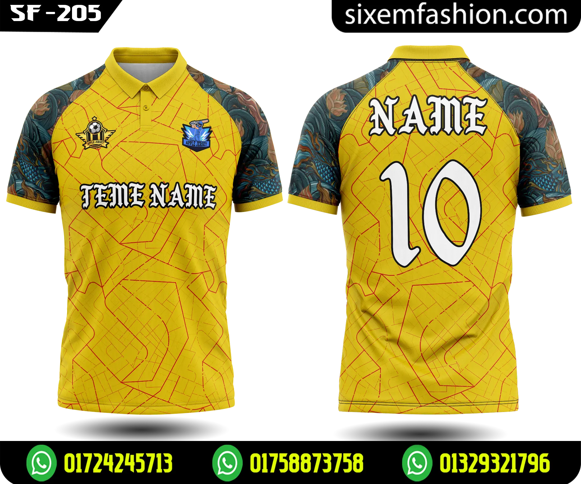 Premium Yellow Team Jersey - Japanese Dragon Sleeve Design Half Sleeve Kit - Customizable Name