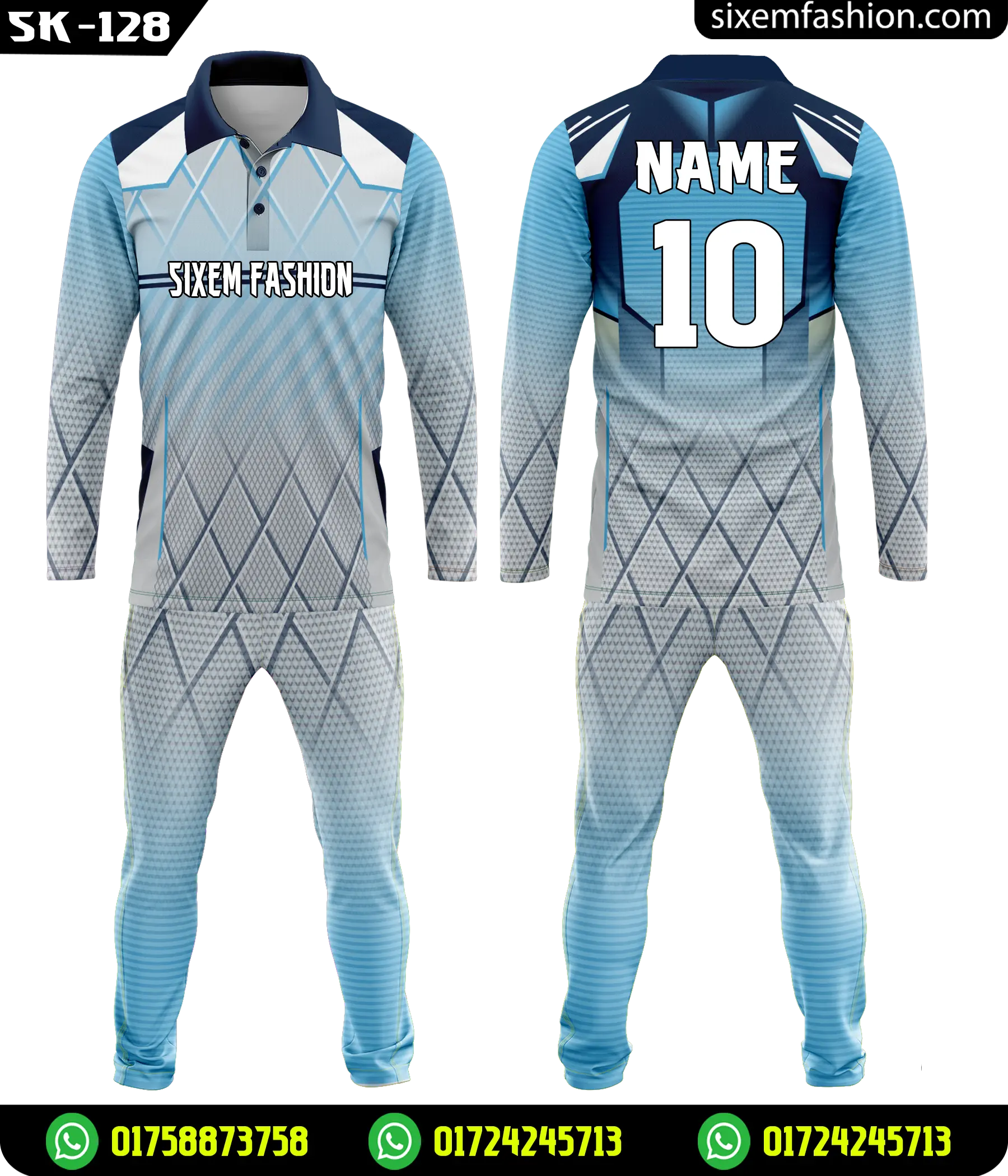 Sky Blue Navy Cricket Jersey, Full Sleeve Custom Sixem Fashion