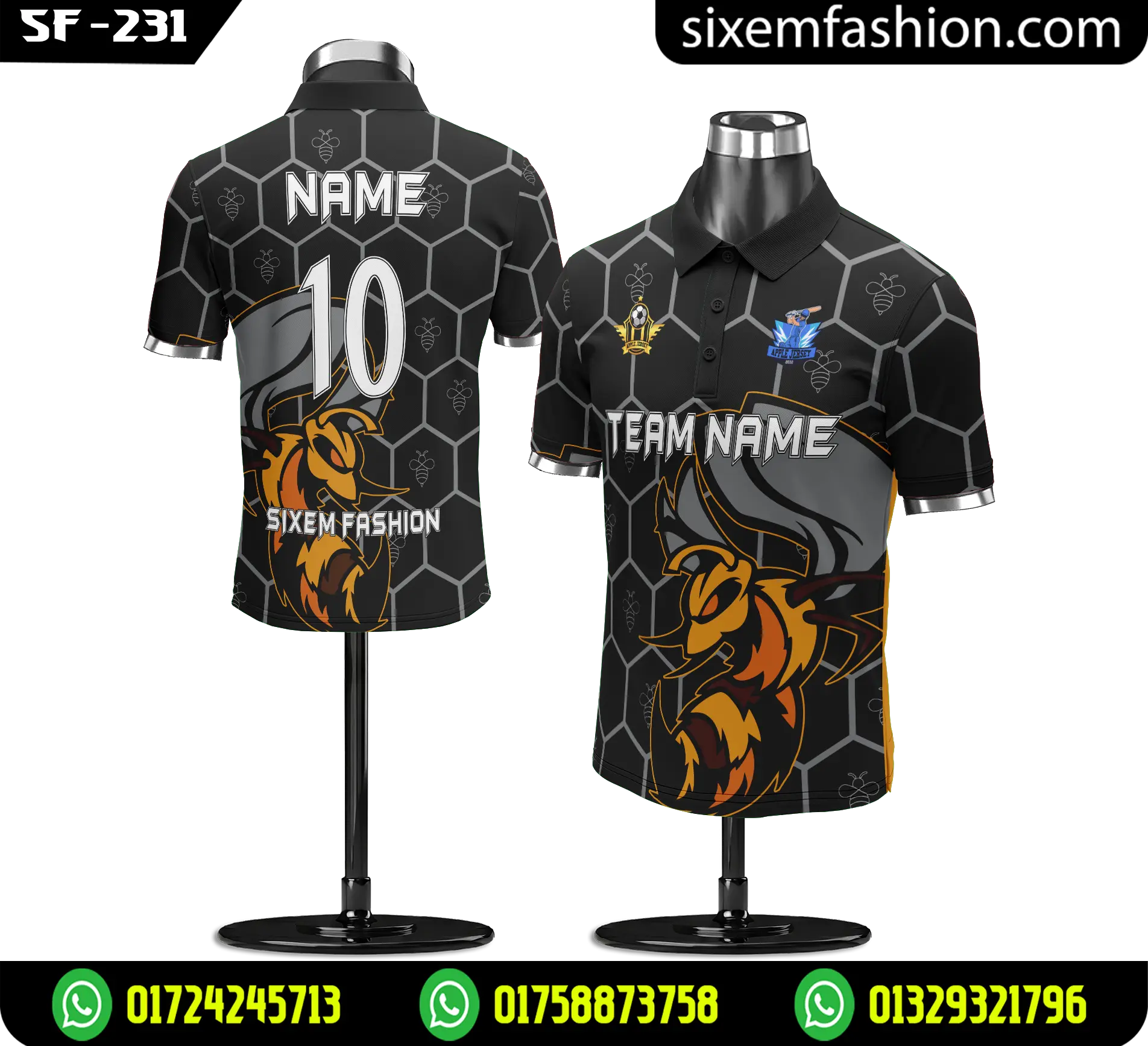 Honeycomb Pattern Jersey 2026 - Black Wasp Polo Uniform