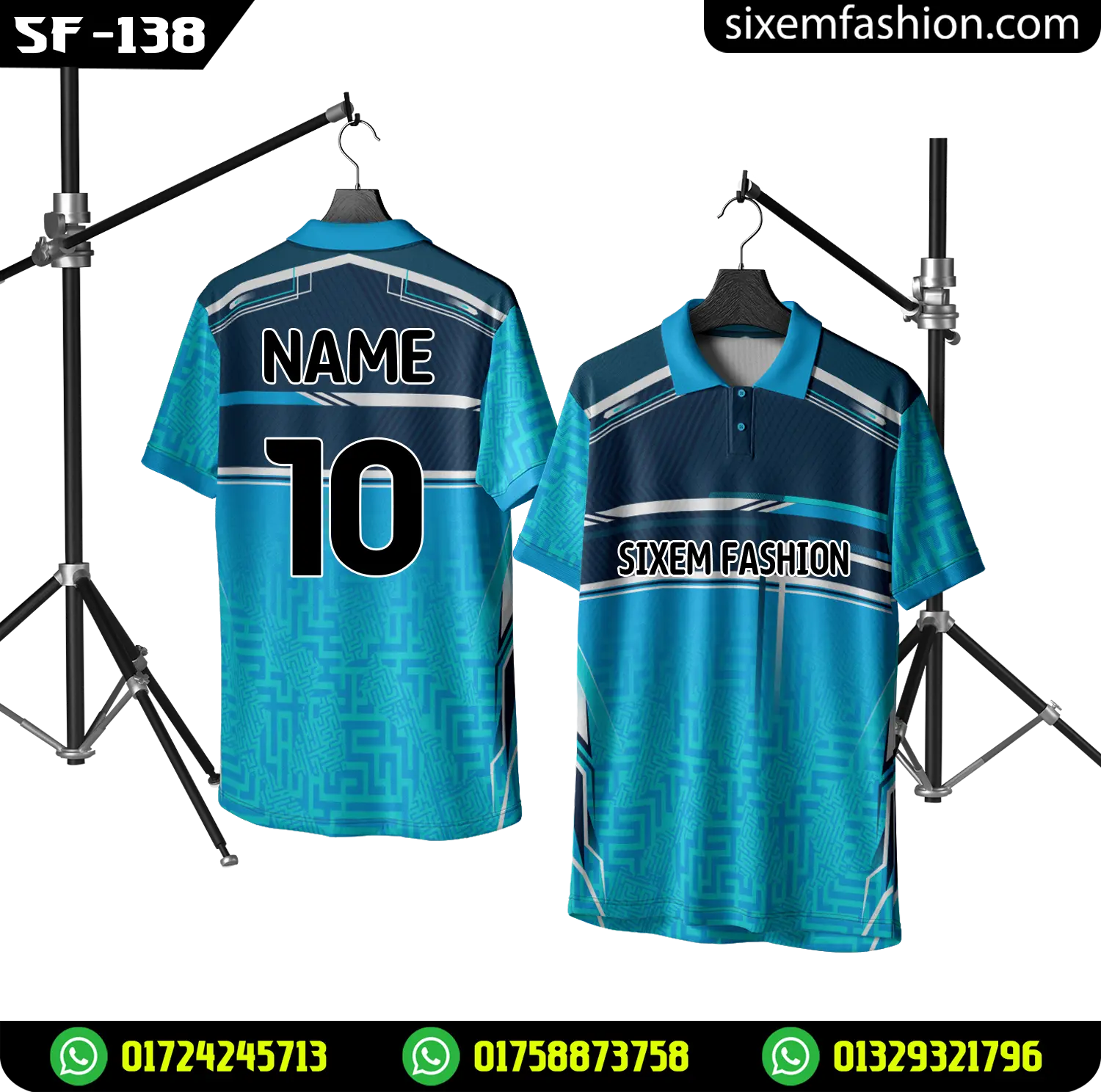 Sky Blue Navy Polo Cricket Jersey, Half Sleeve Geometric Shirt Sixem Fashion