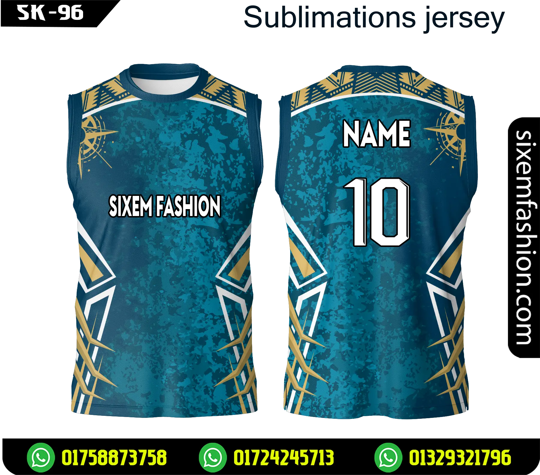 Teal Gold Tribal Sleeveless Jersey Custom Name Number Sublimation