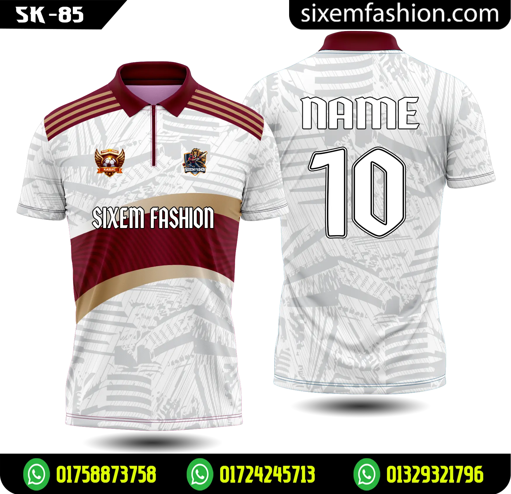 White Maroon Polo Collar Zipper Cricket Jersey, Gold Wave Sixem Fashion