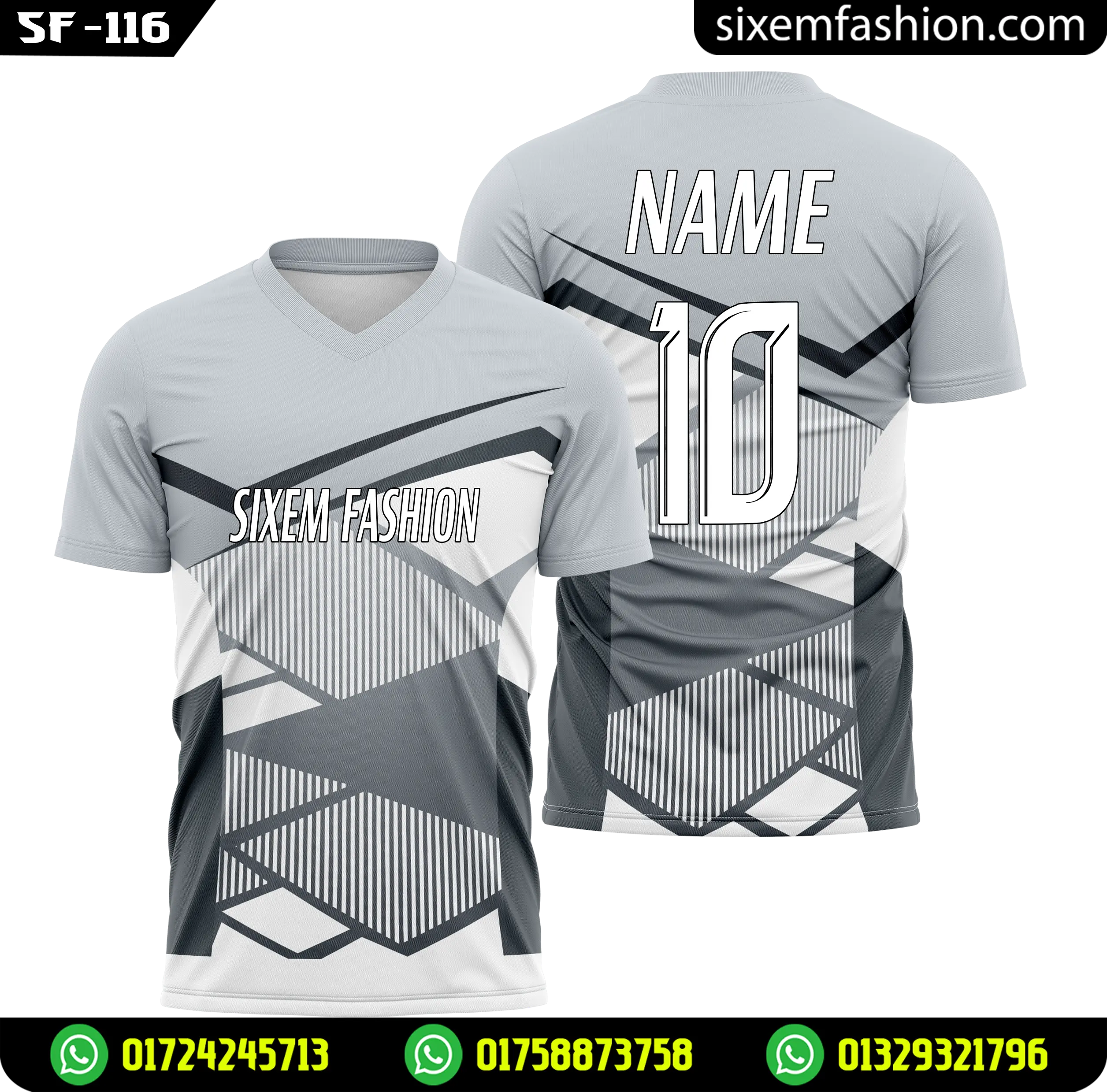 Grey White Geometric Pattern V Neck Football Jersey Sublimation Soccer Kit Custom Name Number