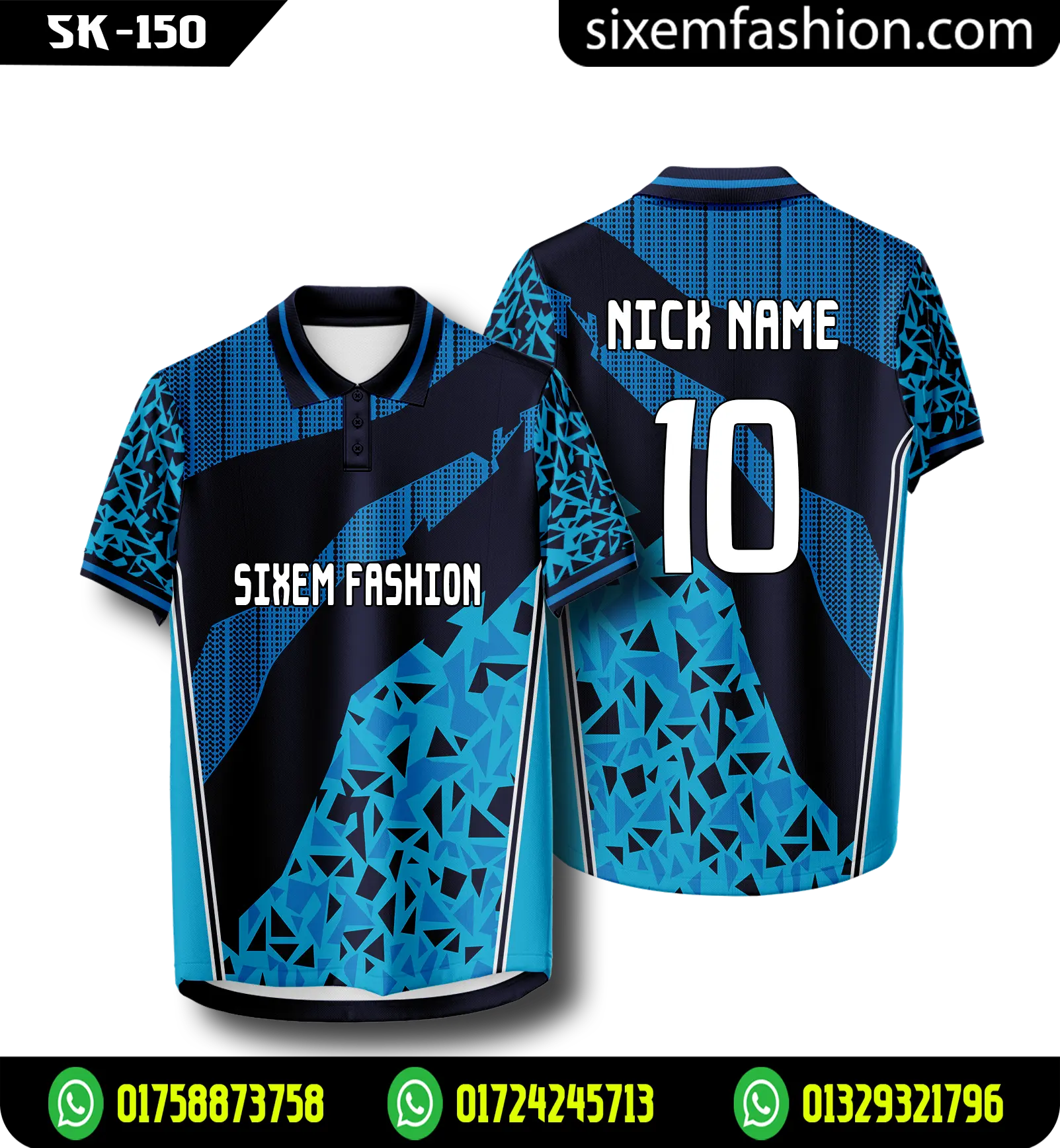 Navy Blue Cricket Jersey, Sky Blue Geometric Split Polo Shirt Sixem Fashion