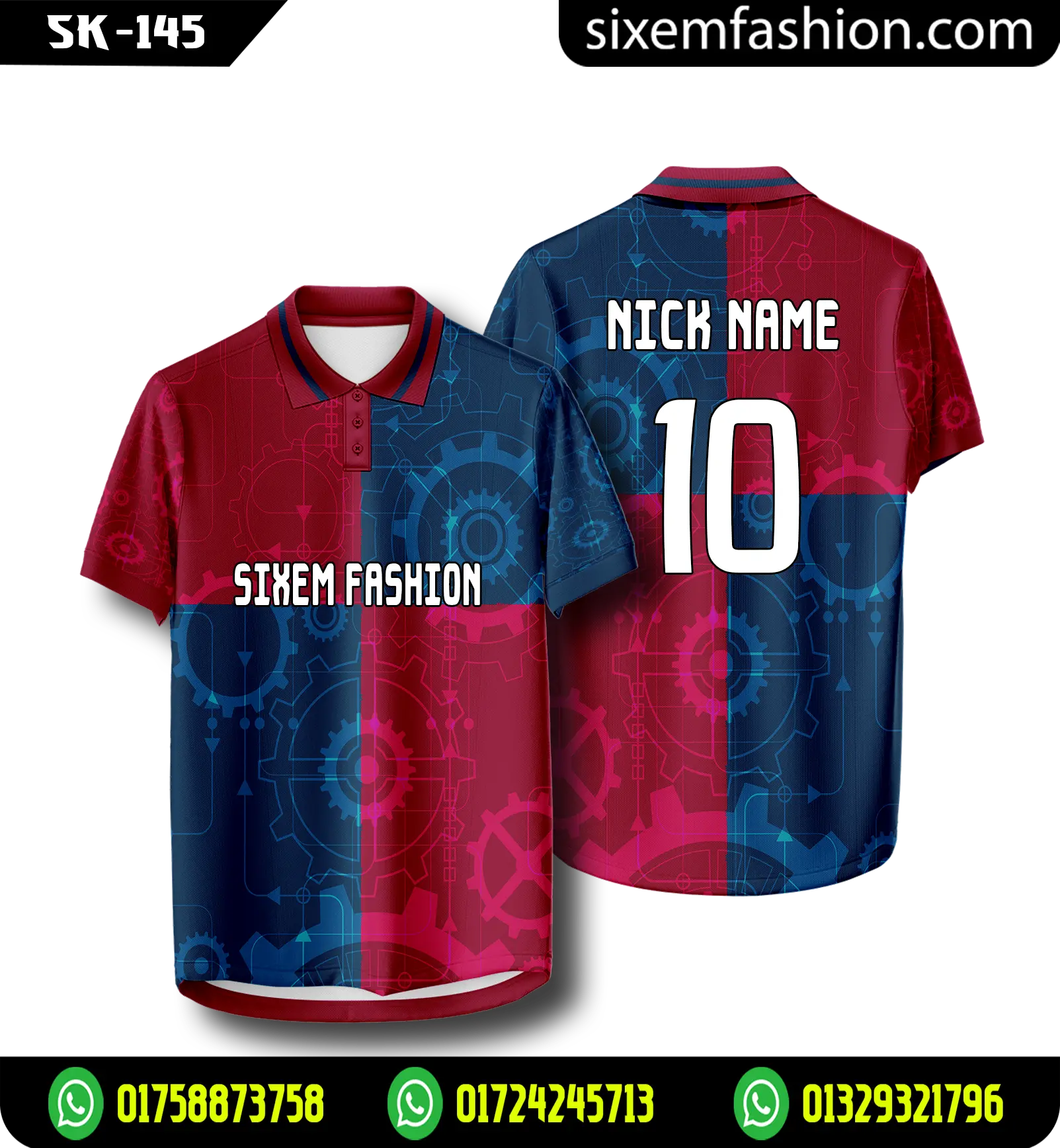Maroon Navy Blue Polo Cricket Jersey, Half Sleeve Gear Print Shirt Sixem Fashion