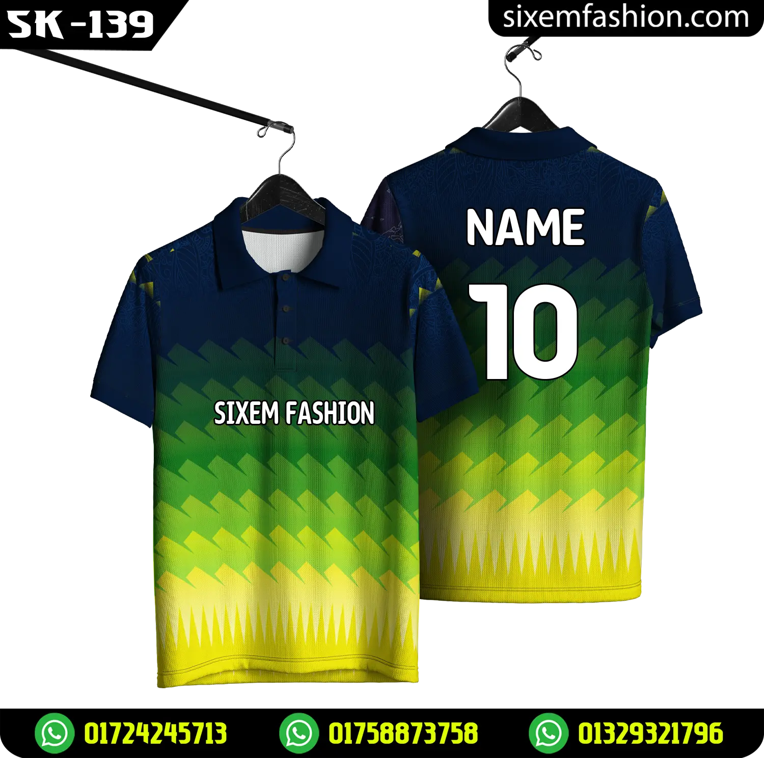 Navy Blue Green Yellow Gradient Zigzag Polo Cricket Jersey Half Sleeve Sixem Fashion