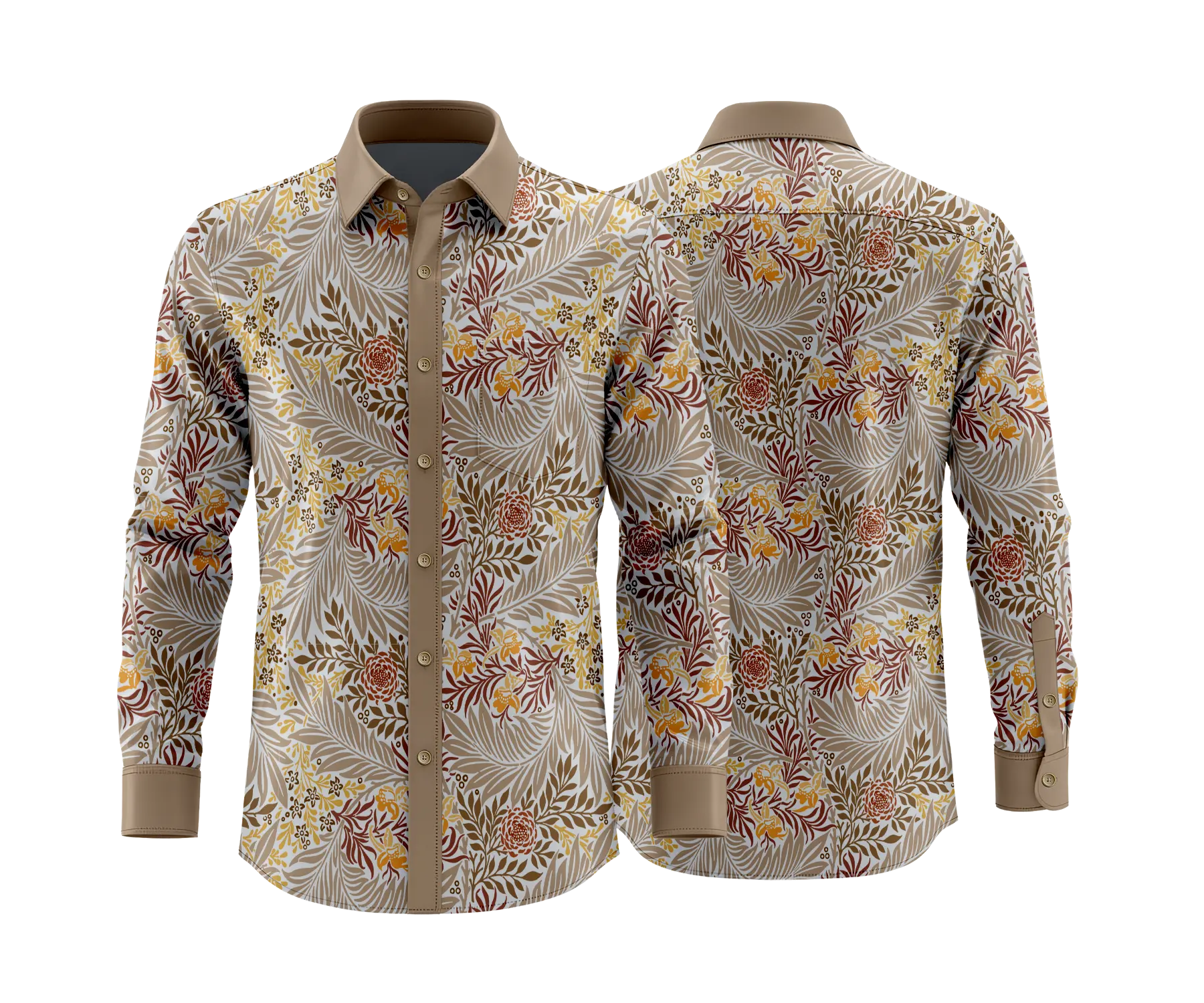 Beige Botanical Print Shirt for Men - Vintage Floral Full Sleeve Party Shirt-SKT-01