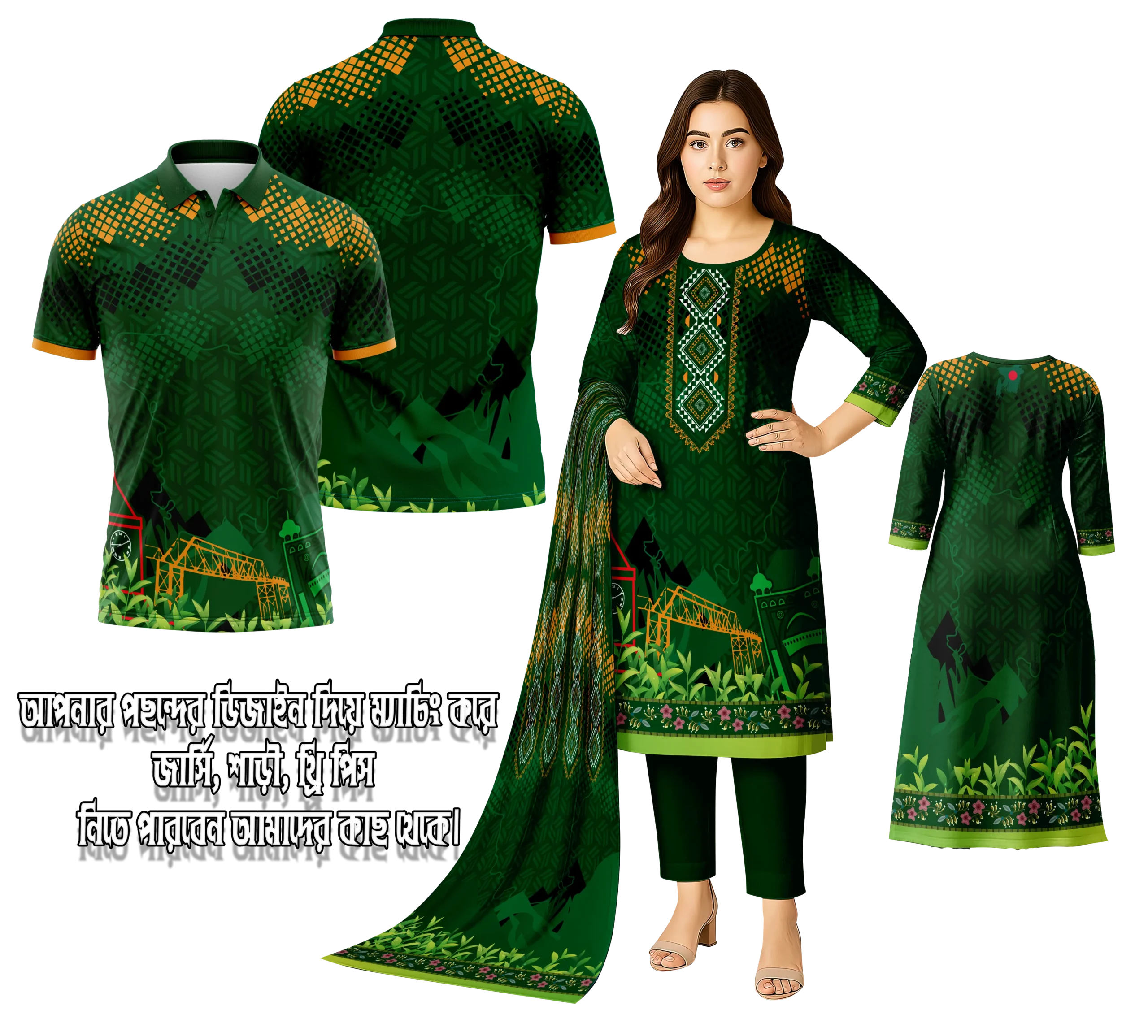 Green BD Matching Set Jersey, 3Piece Saree Bangladesh Theme Polo Kurti Matching Set