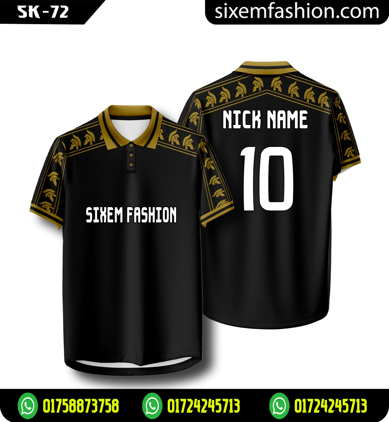 Spartan Polo Football Jersey Black Gold Sublimation Soccer Jersey Custom Team Kit