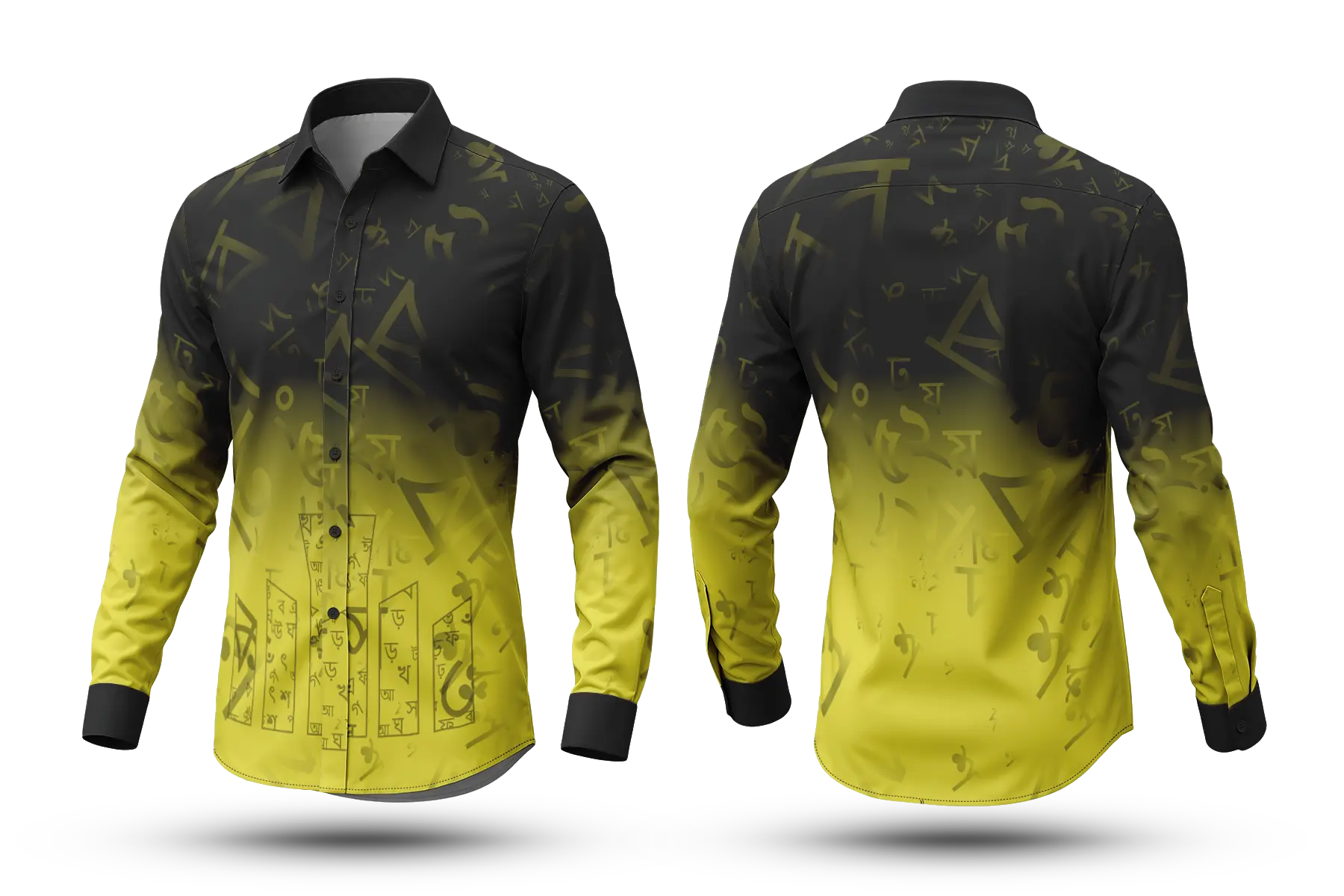 Black Yellow Ombre Bangla Letter Shirt for Men - Gradient Printed Full Sleeve Shirt Men- SKT-29