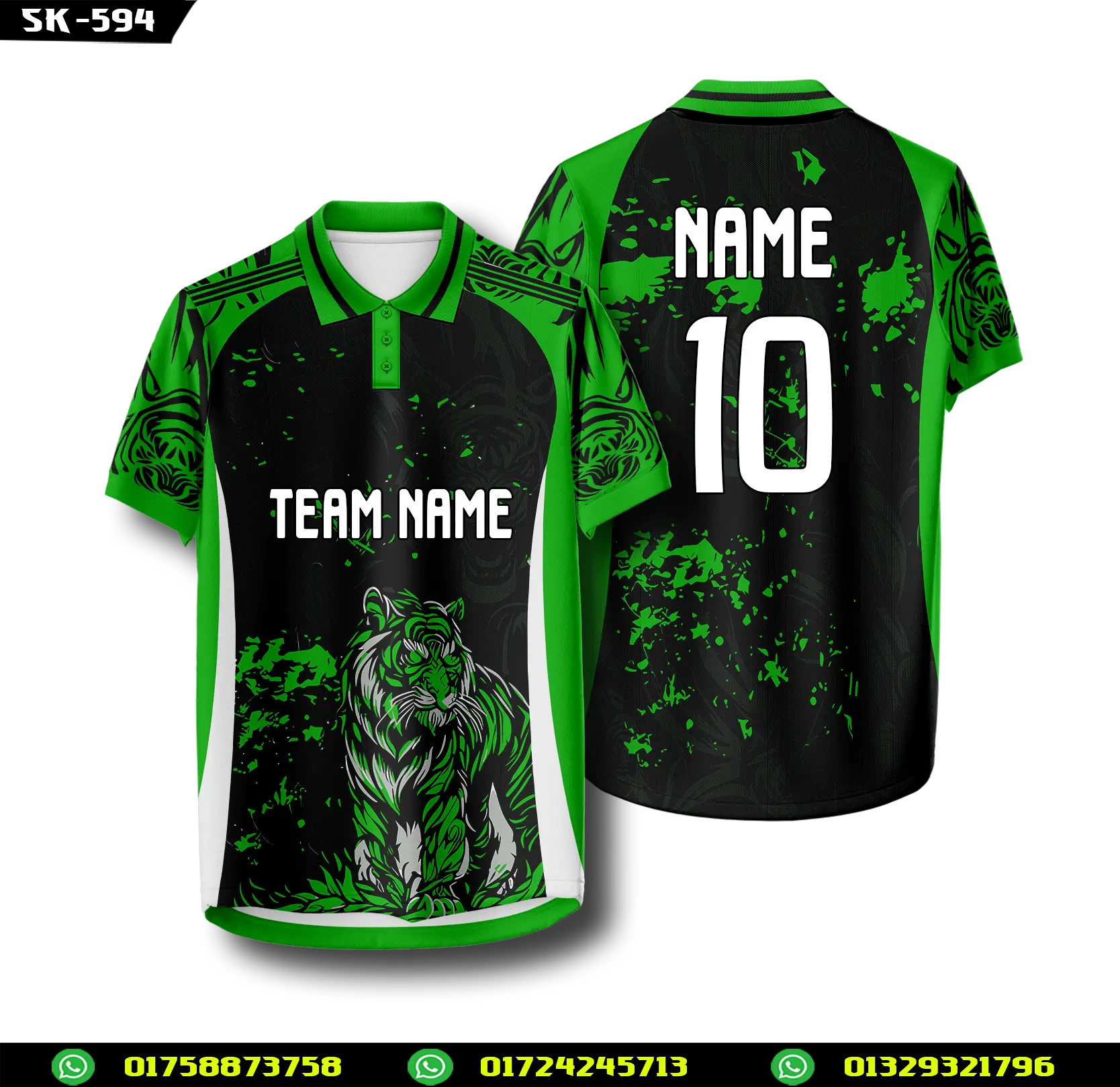 Tiger Print, Black Green, Polo Jersey-Custom Team Jersey, Name Number, Men-Tiger Splash, Sports Tshirt, Football