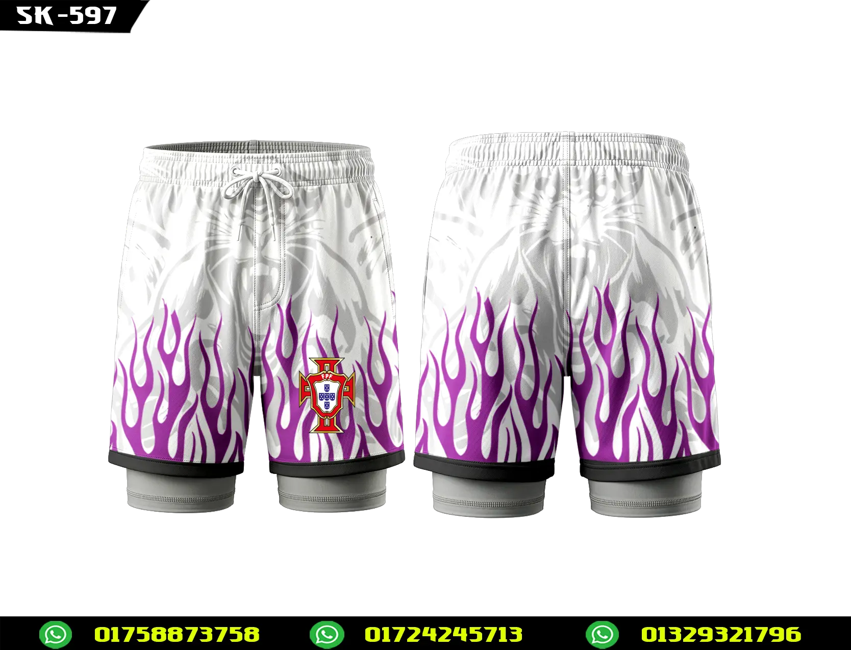 Portugal Shorts-, White Purple Shorts, -Football Shorts Men
