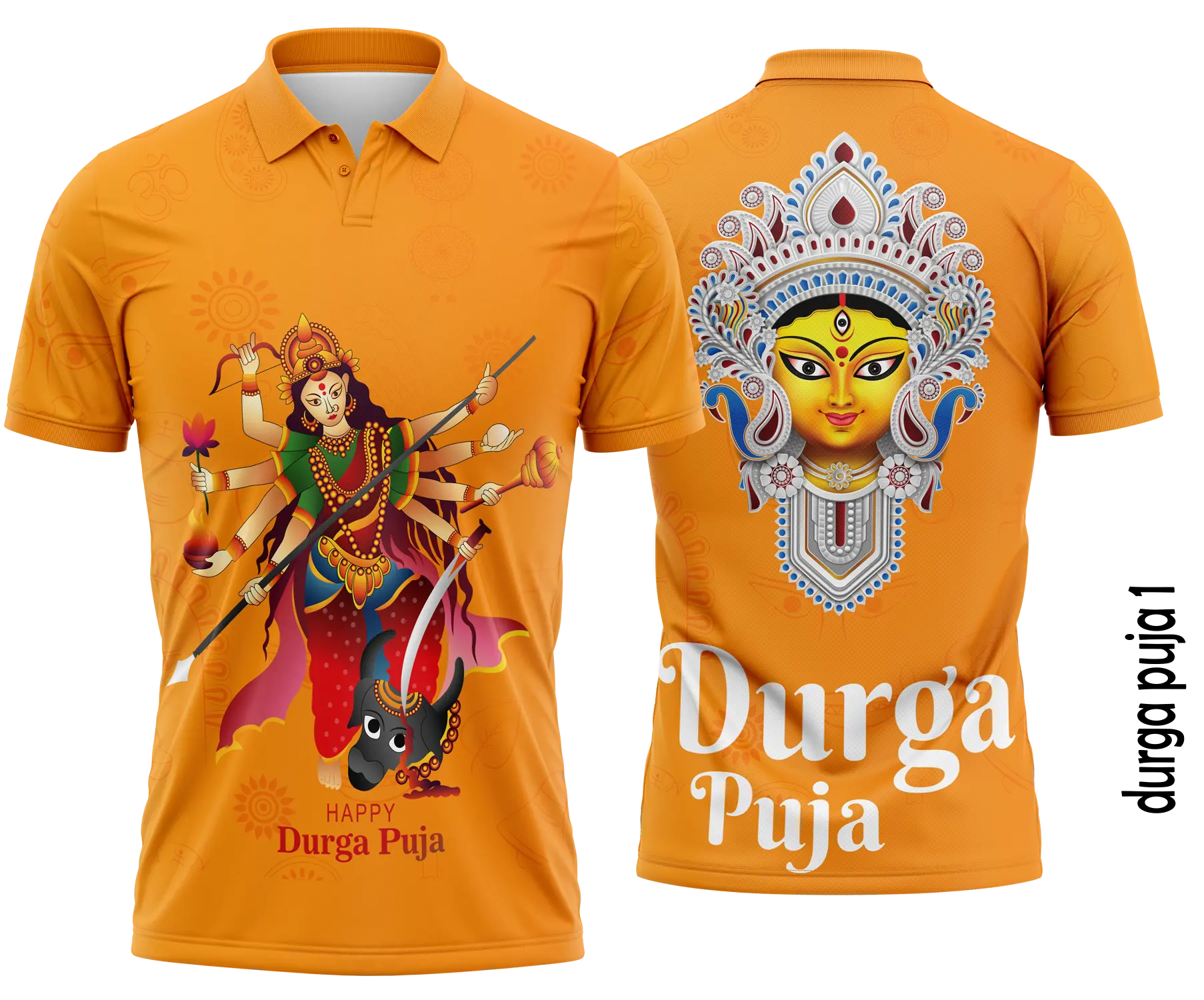 Happy Durga Puja Polo Jersey 2026 – Orange Maa Durga Sublimation Festival T-Shirt Design - Premium Custom Puja Jersey