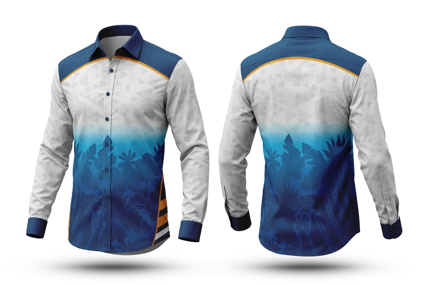 Navy Blue Ombre Tropical Shirt for Men - Leaf Print Full Sleeve Sports Jersey Shirt-SKT-05