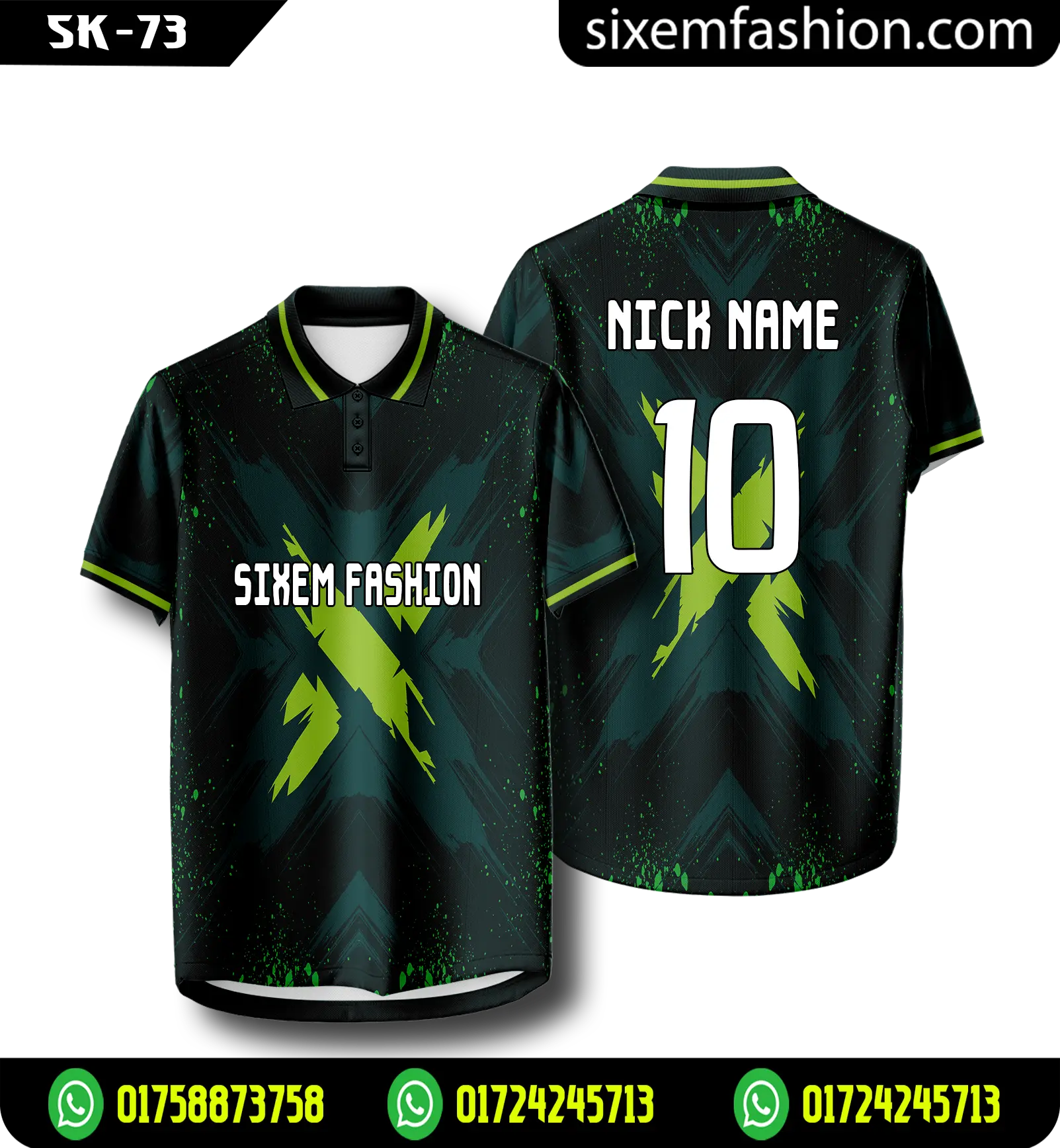 Neon Green Black Geometric X Print Polo Jersey Lightweight Sublimation Kit Name Number Custom