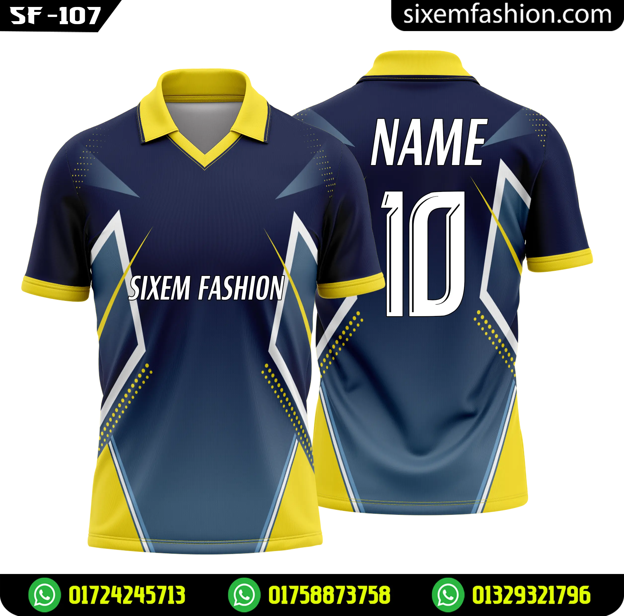 Navy Yellow Polo Cricket Jersey, Half Sleeve Custom Cricket Shirt Sixem Fashion