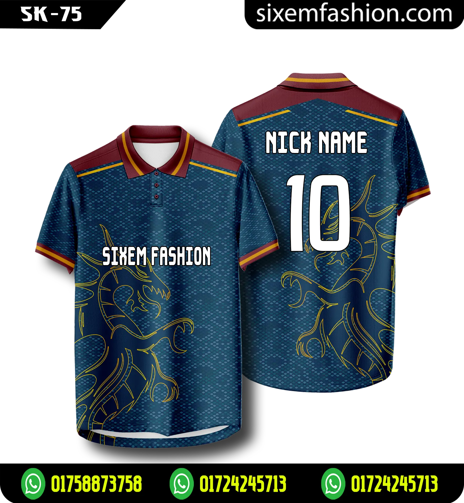 Navy Blue Maroon Polo Collar Jersey, Dragon Print Sports Sixem Fashion