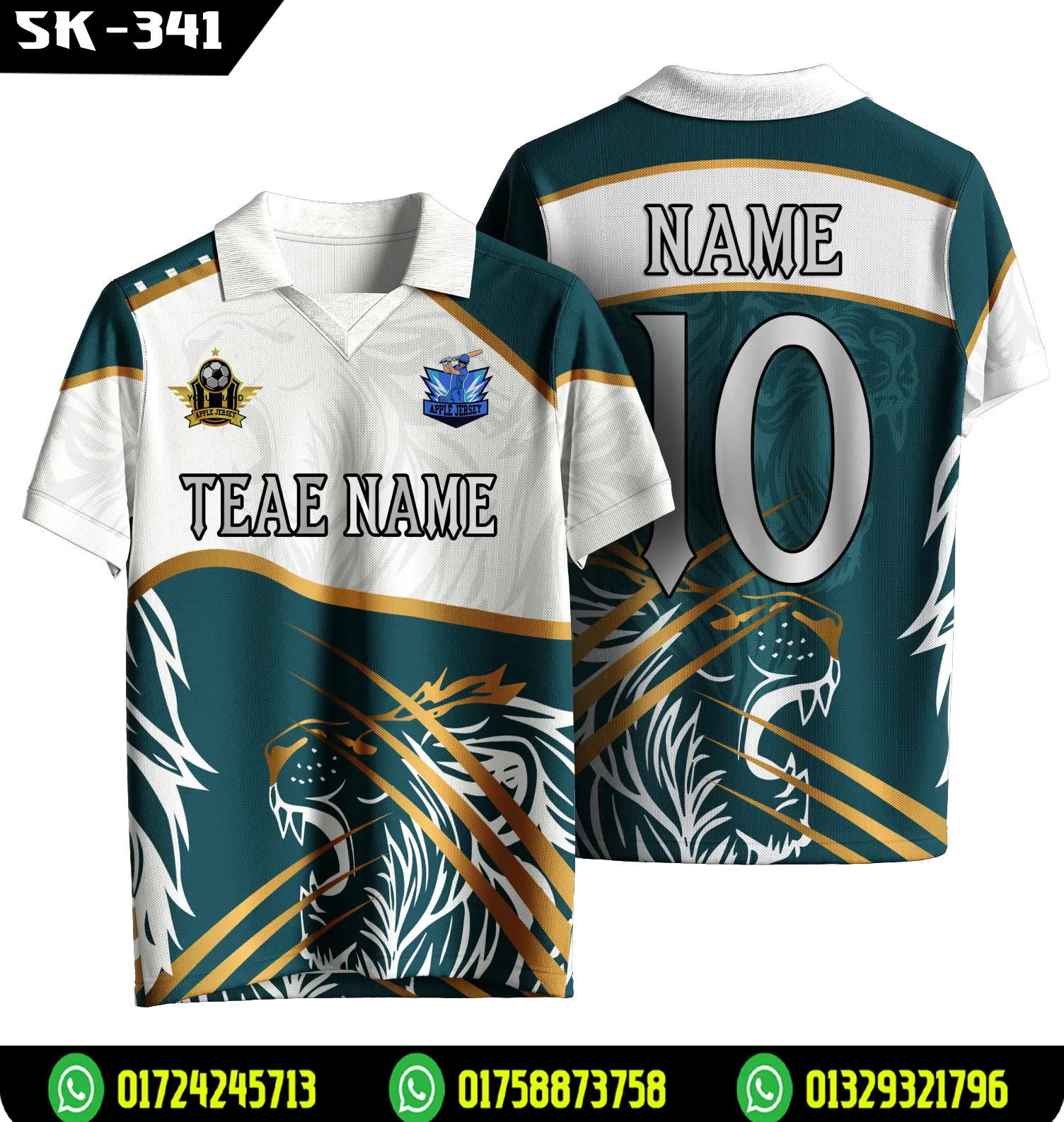 Teal White Lion Cricket Jersey – Custom Sublimation Team Sports Shirt