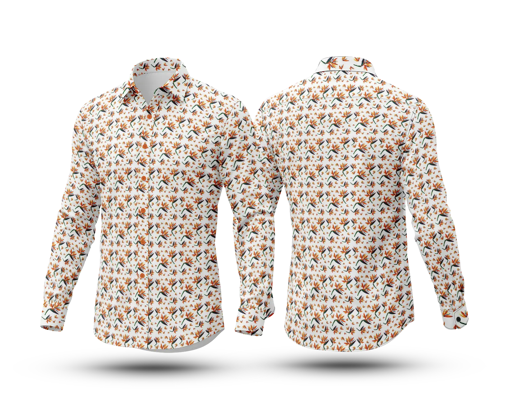 White Orange Bird of Paradise Floral Print Full Sleeve Shirt- SKT-72f