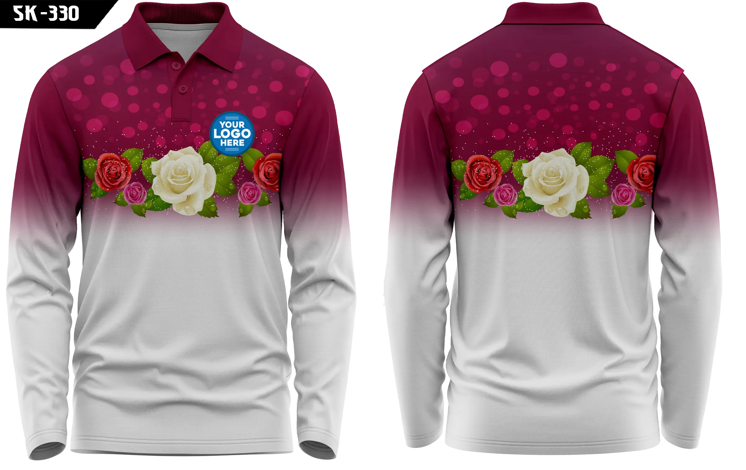 Maroon White Floral Sublimation Polo Shirt – Full Sleeve Printed Casual Jersey SK-330
