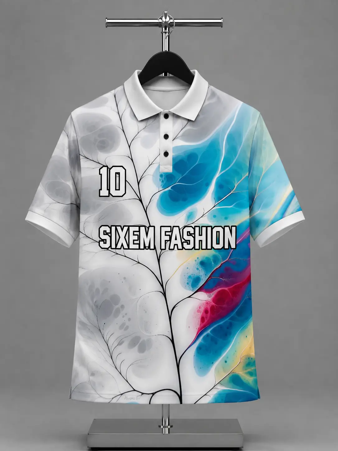 Blue White Abstract Tree Print Short Sleeve Polo Shirt