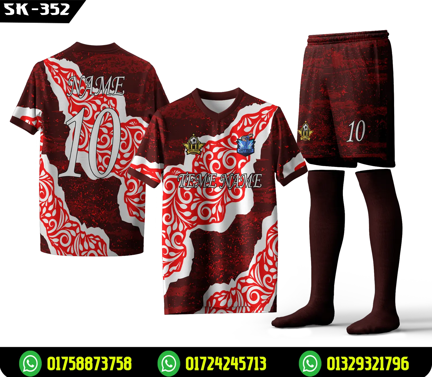 Custom Maroon Red Football Jersey Short Set Floral SK-352 _ Sixem Fashion