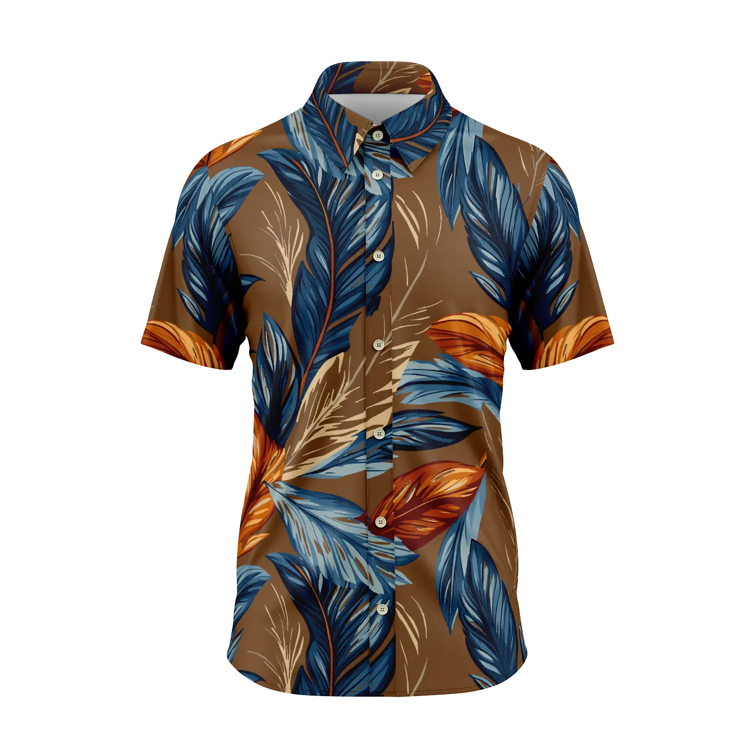 Brown Blue Tropical Leaf Print Short Sleeve Hawaiian Shirt- SKT-68