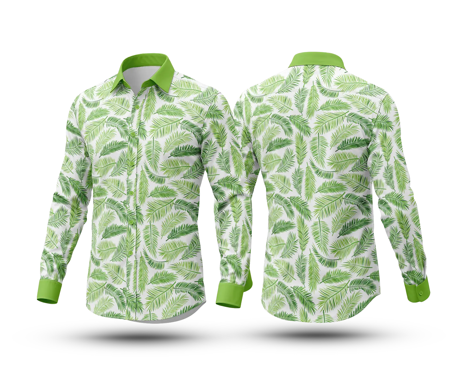 Casual White Green Tropical Leaf Print Full Sleeve Shirt- SKT-78