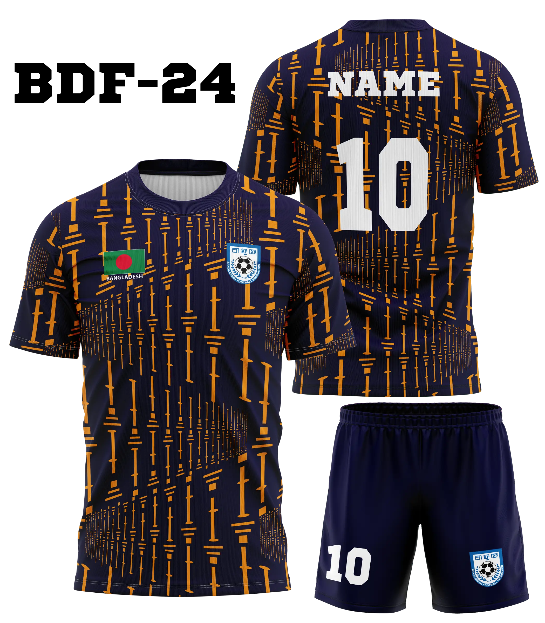 Bangladesh Football Jersey Design – Navy Blue & Orange Sublimation Sports Kit with Custom Name & Number