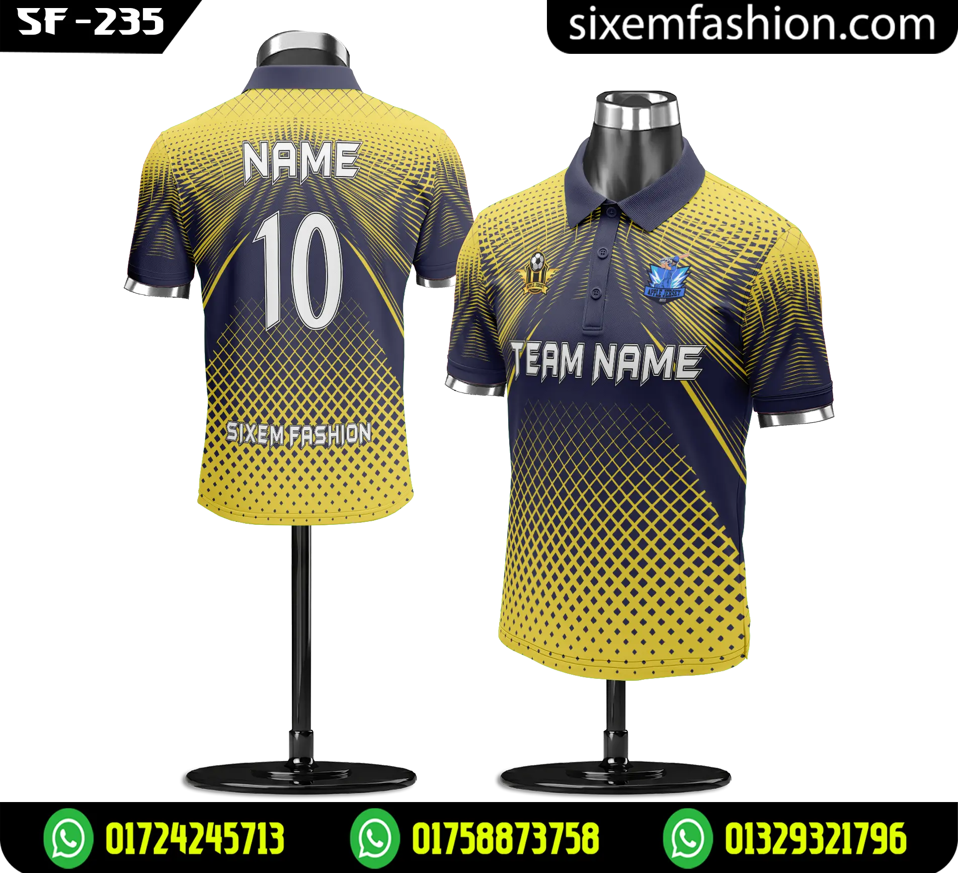 Yellow Navy Blue Polo Cricket Jersey – Custom Team Name & Number Sports Jersey SF-235
