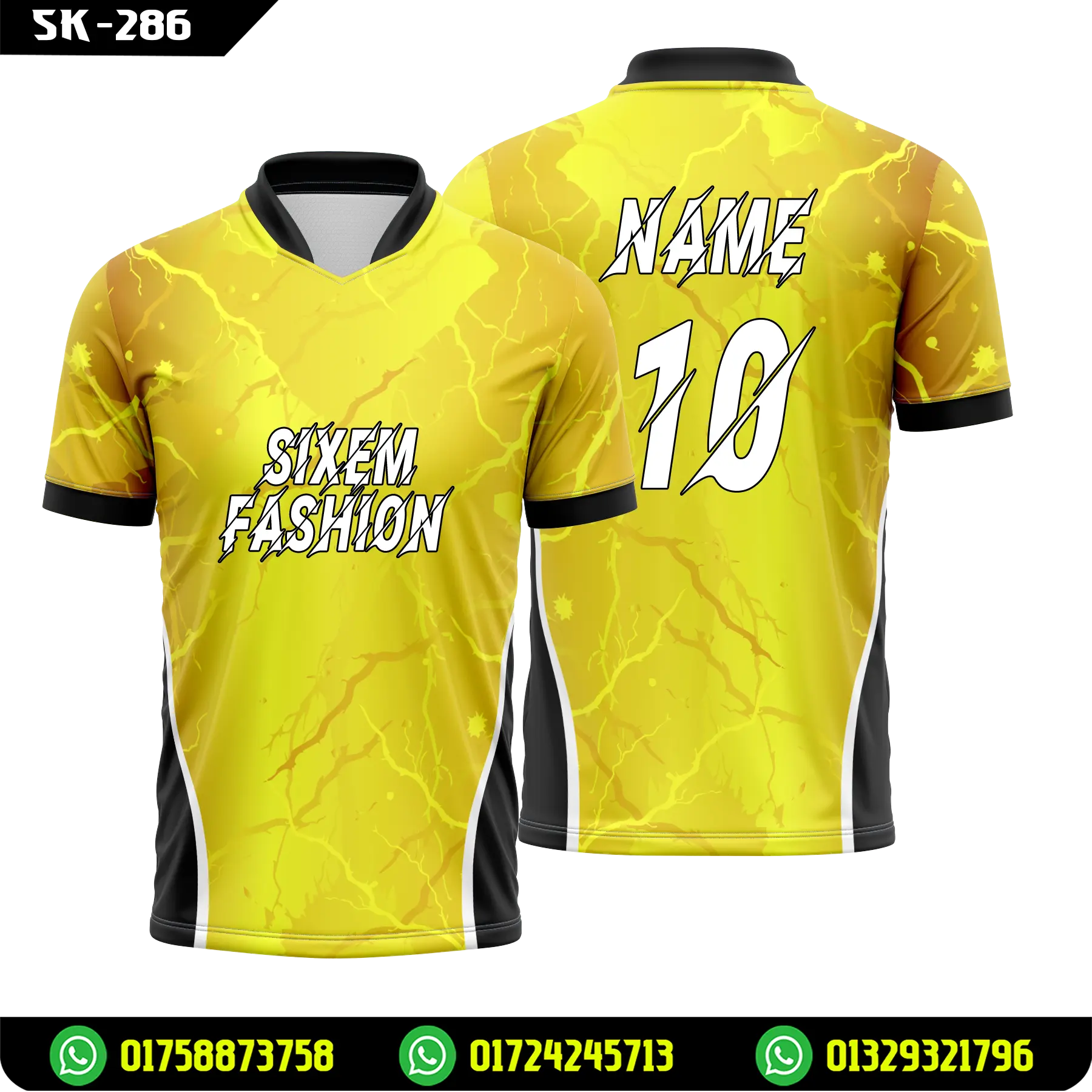 Men's Yellow Black Sublimation Sports Jersey - Thunder Crack V-Neck Jersey SK-286 _ Sixem Fashion