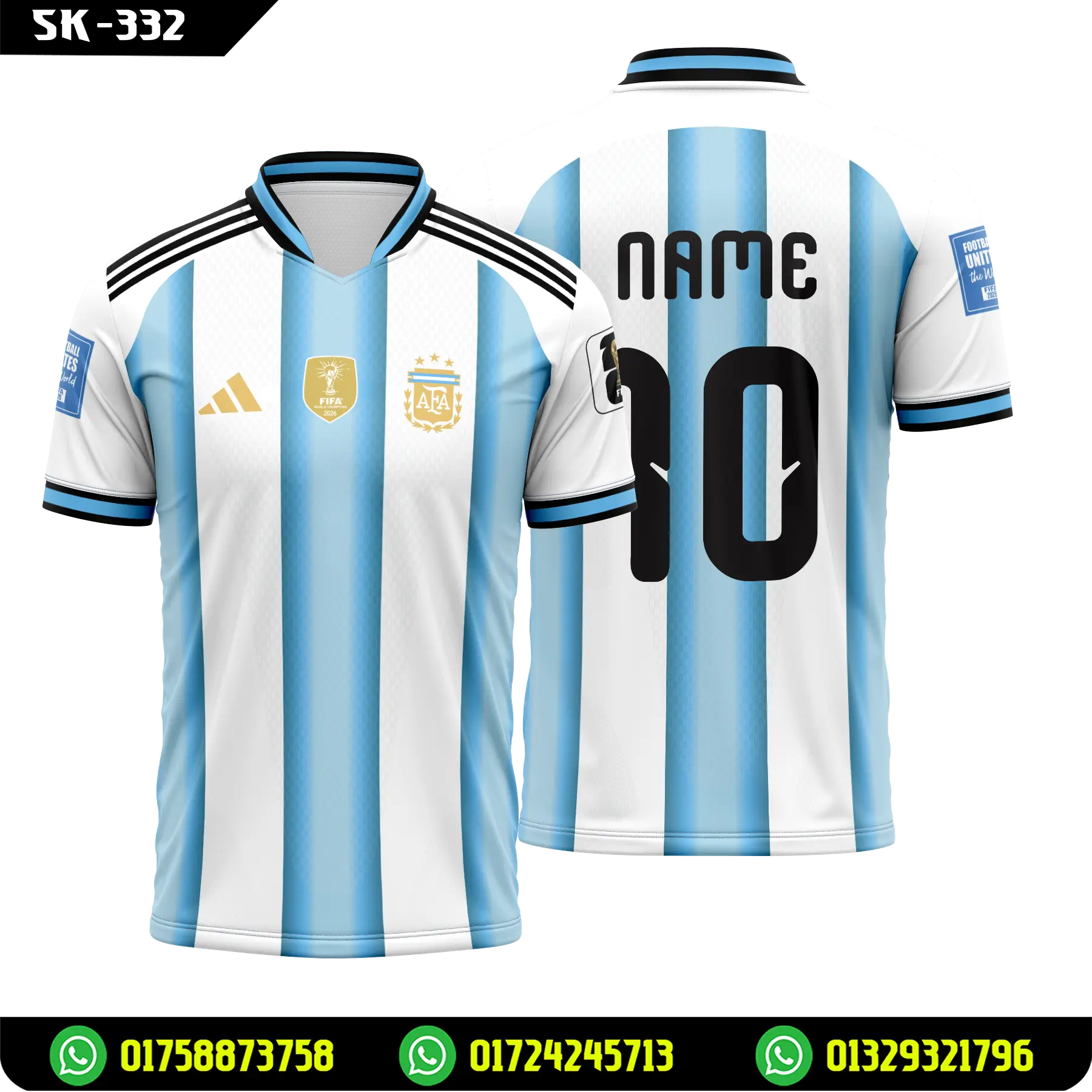 White Sky Blue Striped Argentina Football Jersey Custom-SK-332