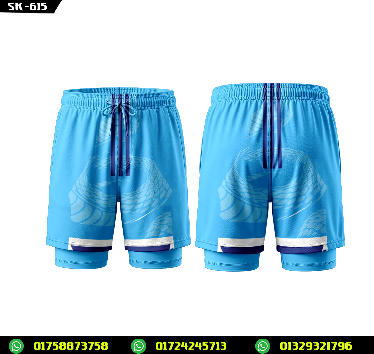 Sky Blue Snake Print 2 in 1 Sublimated Sports Shorts-SK-615