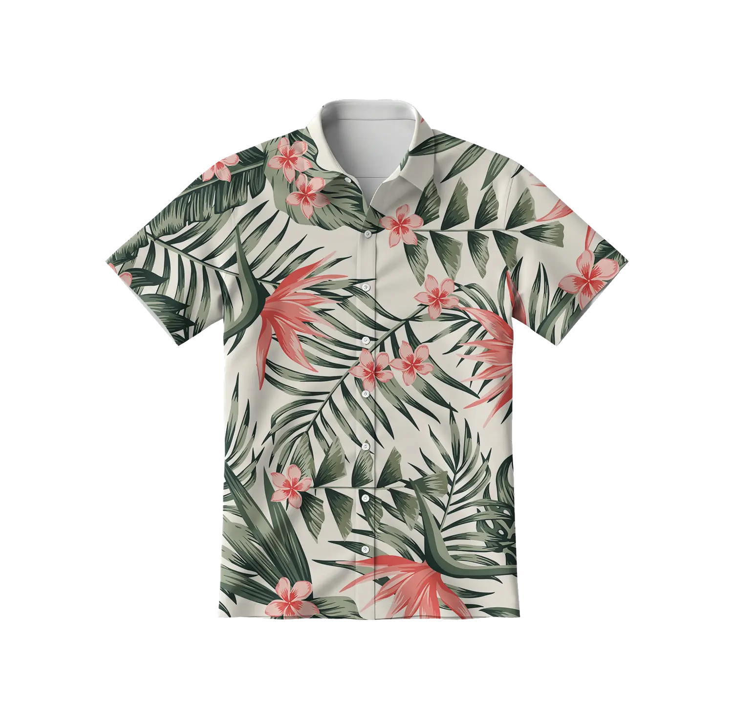 Cream Pink Floral Tropical Print Short Sleeve Hawaiian Shirt- SKT-63
